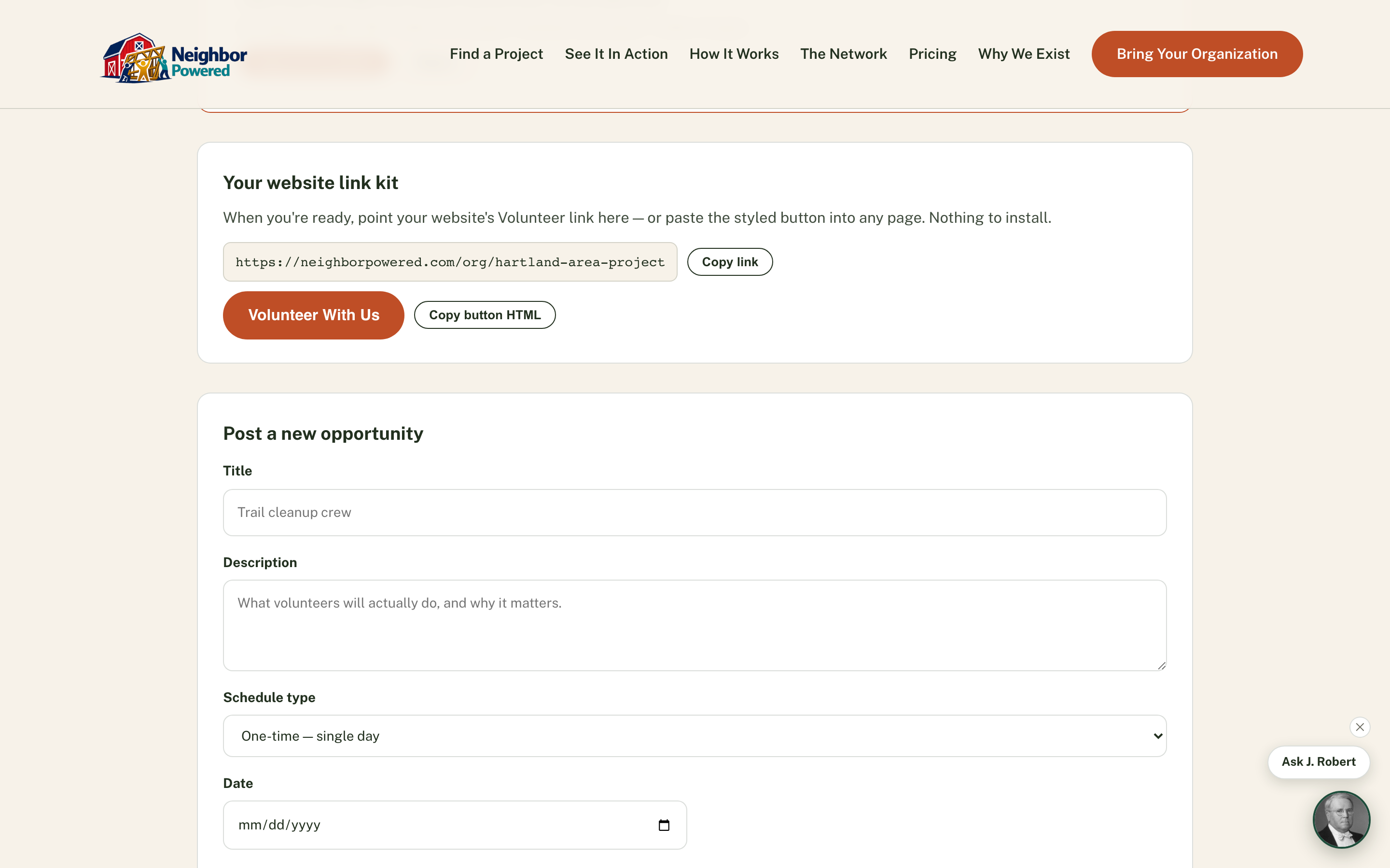 Creating a volunteer opportunity in the organization dashboard