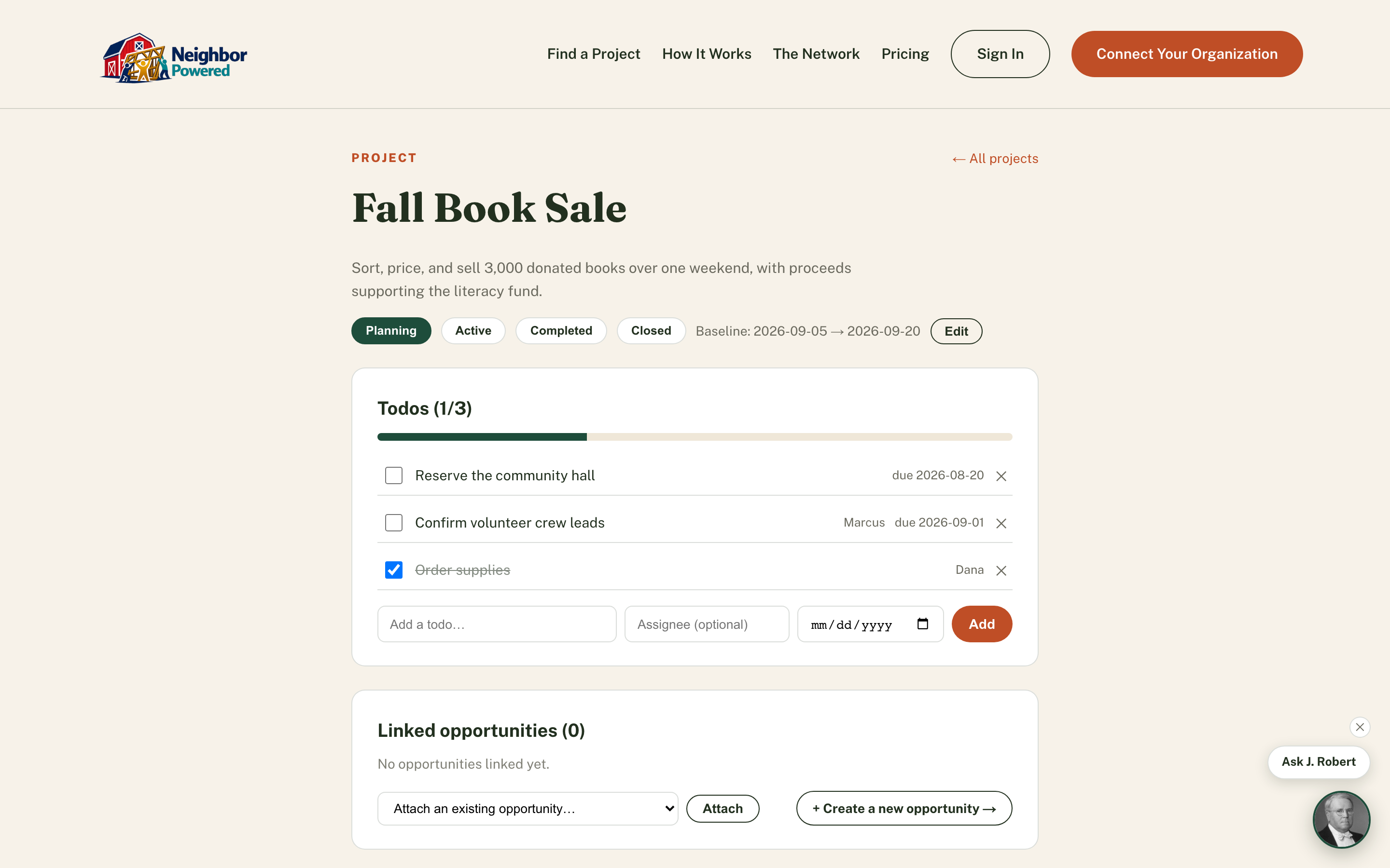 A project's detail page: editable scope and status, a todo checklist with a progress bar, and linked volunteer opportunities.